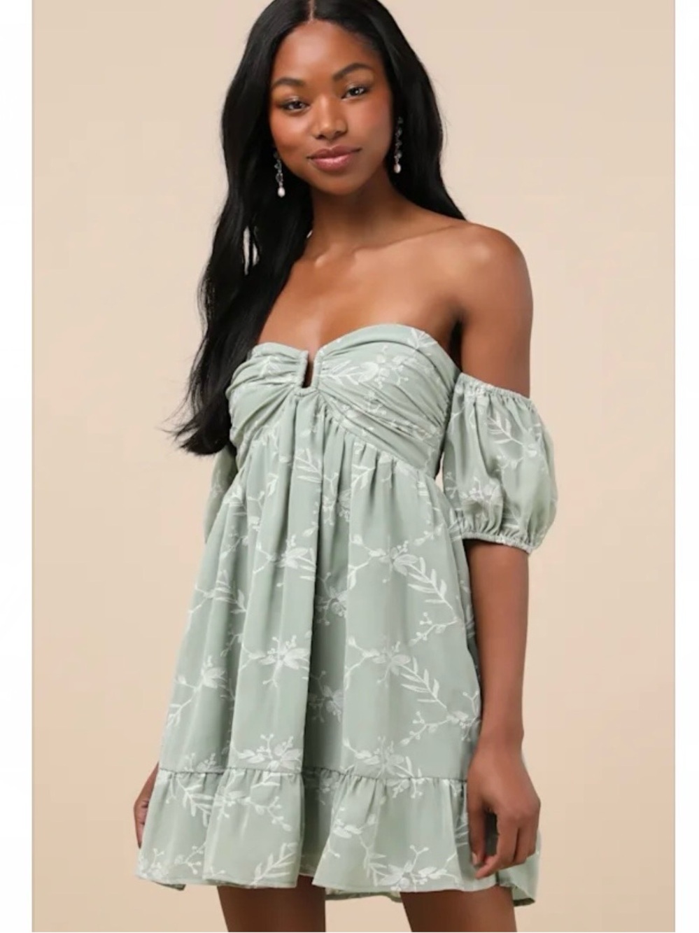 Lulus Cutest Icon Sage Green Embroidered Off-the-Shoulder Mini Dress Size S NWT